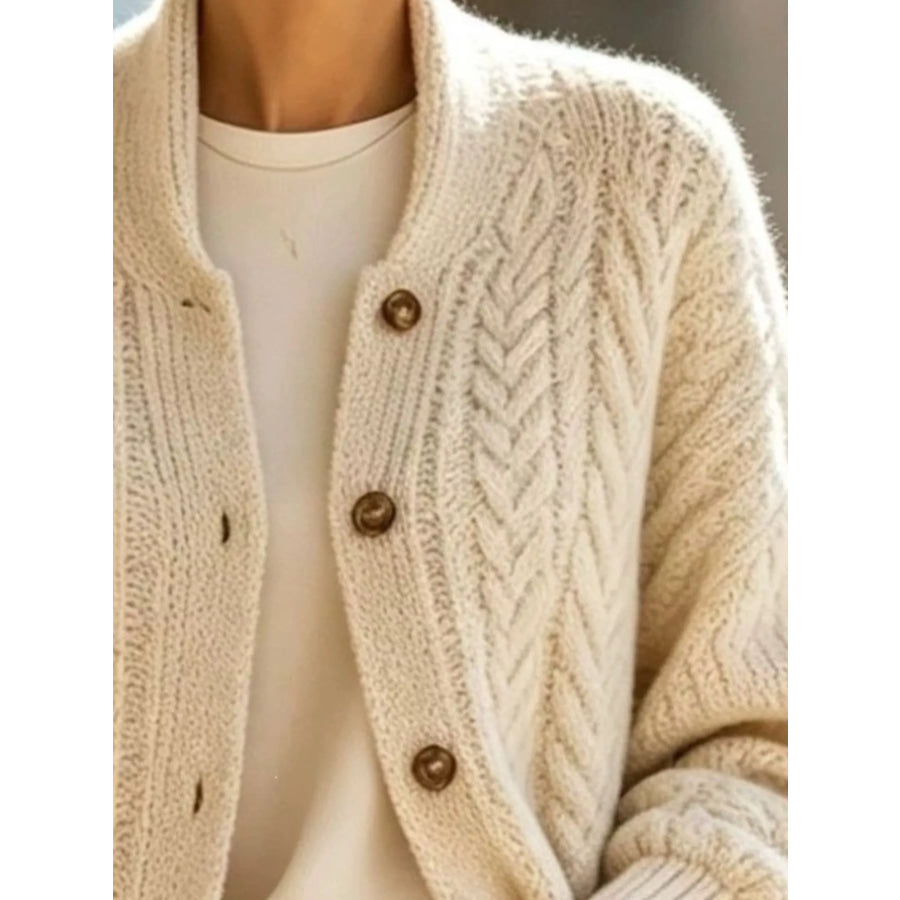 Full Size Cable-Knit Button-Down Cardigan Plus Apparel and Accessories