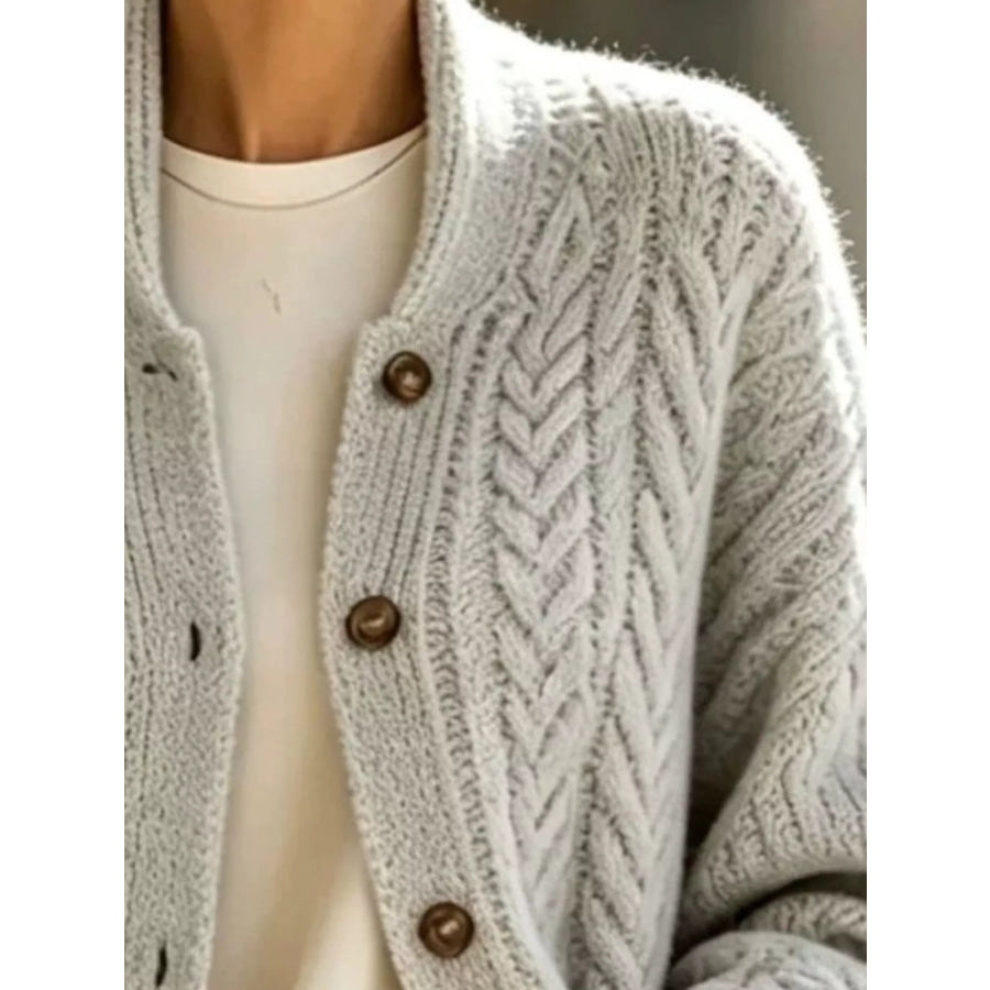 Full Size Cable-Knit Button-Down Cardigan Plus Apparel and Accessories