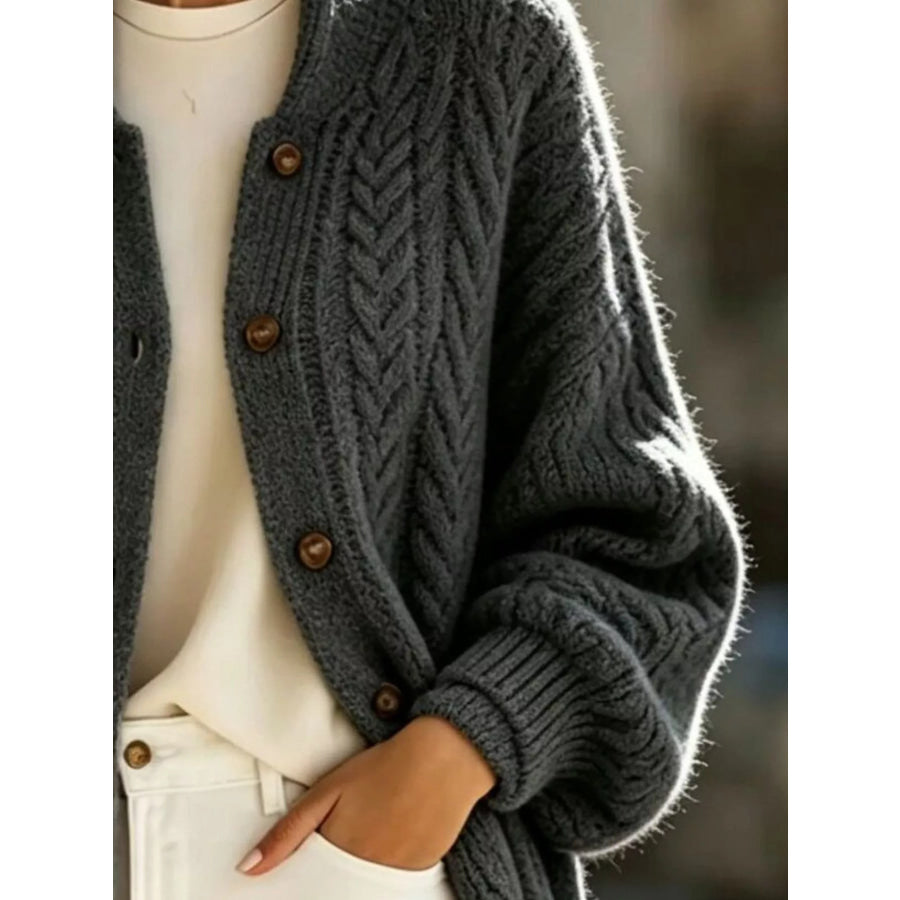 Full Size Cable-Knit Button-Down Cardigan Plus Apparel and Accessories