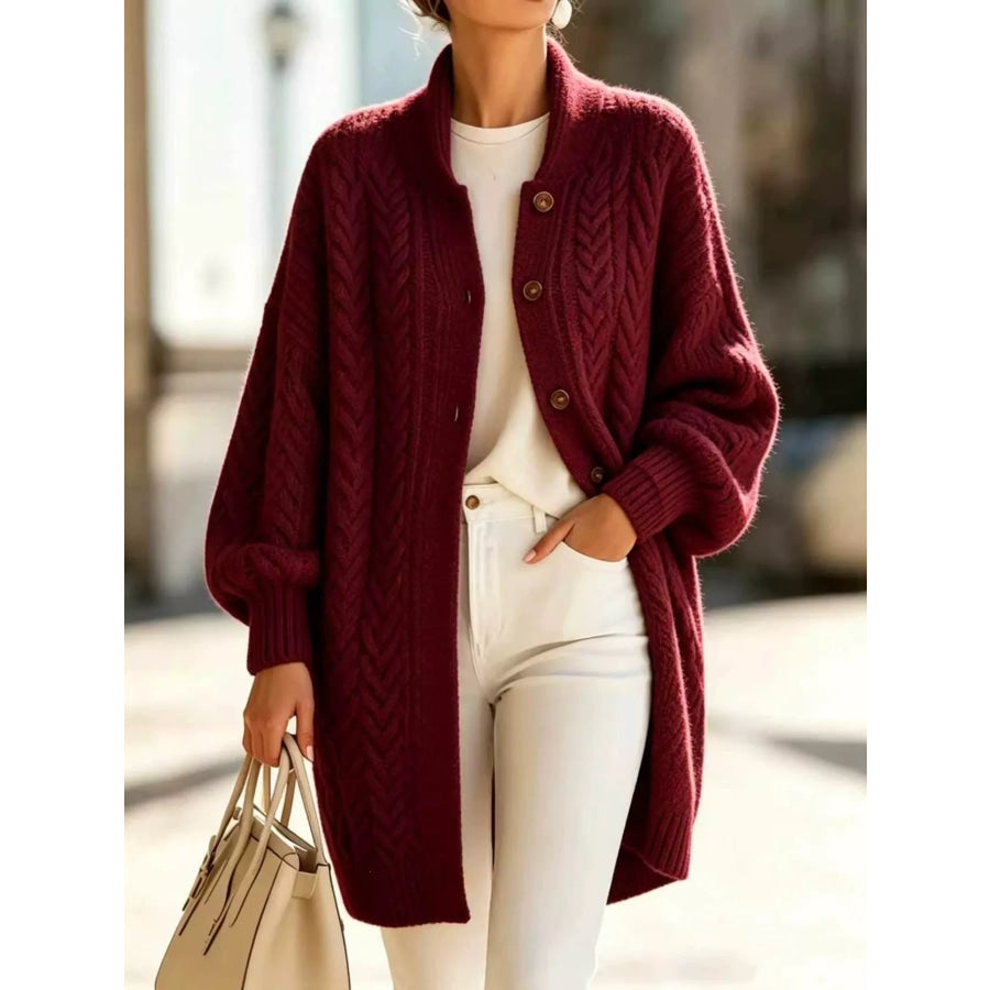 Full Size Cable-Knit Button-Down Cardigan Plus Burgundy / S Apparel and Accessories