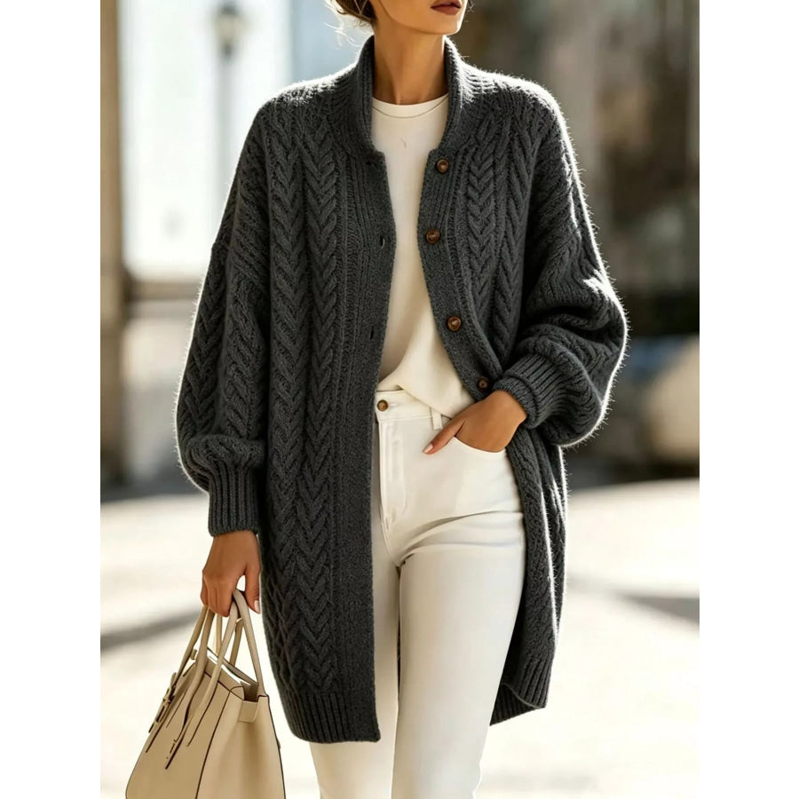 Full Size Cable-Knit Button-Down Cardigan Plus Dark Gray / S Apparel and Accessories