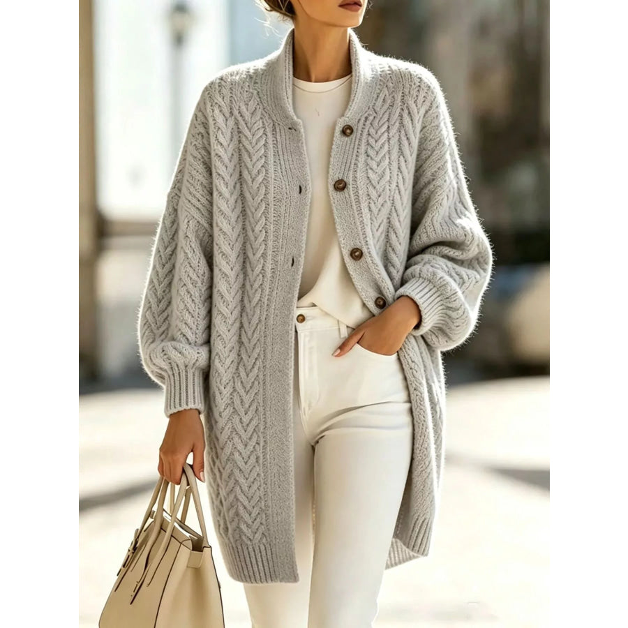 Full Size Cable-Knit Button-Down Cardigan Plus Gray / S Apparel and Accessories