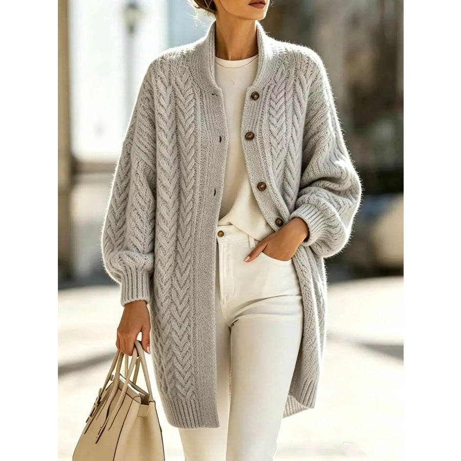 Full Size Cable-Knit Button-Down Cardigan Plus Gray / S Apparel and Accessories