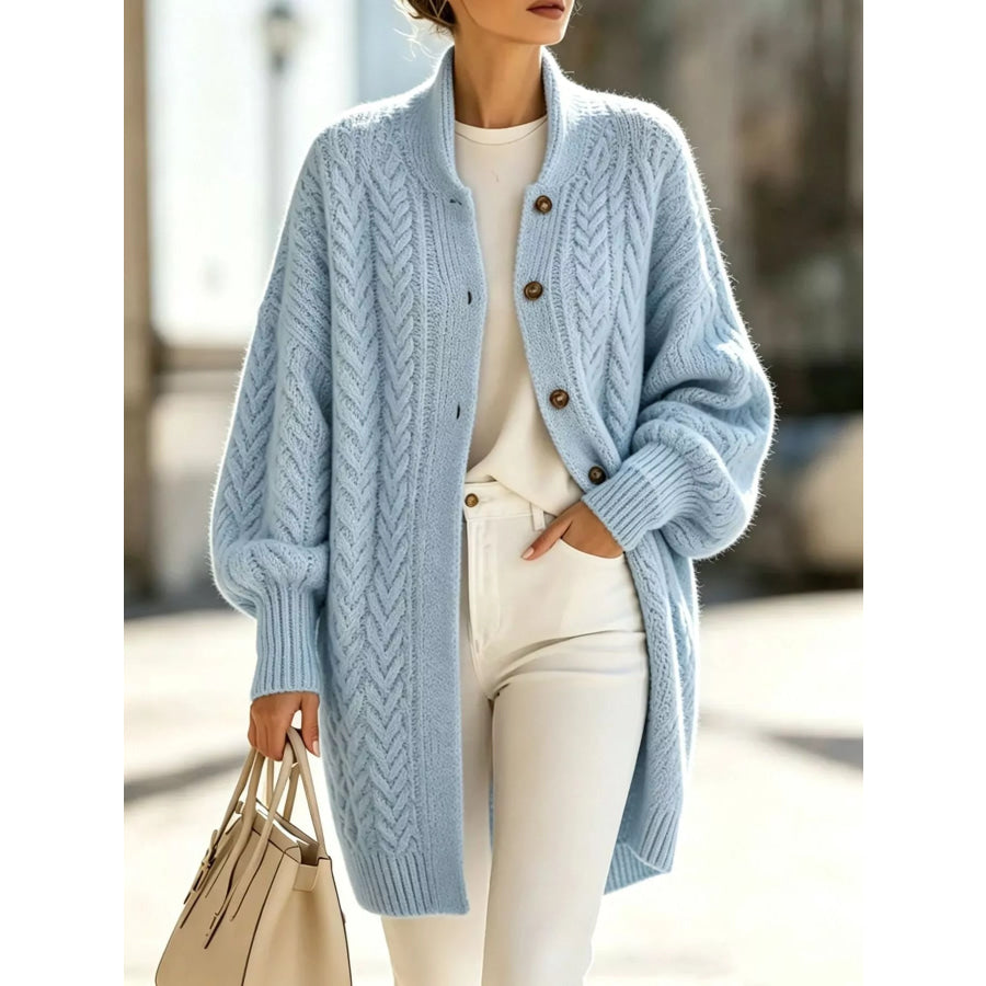 Full Size Cable-Knit Button-Down Cardigan Plus Light Blue / S Apparel and Accessories