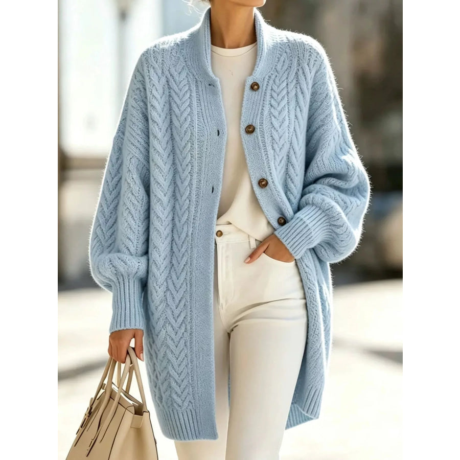 Full Size Cable-Knit Button-Down Cardigan Plus Light Blue / S Apparel and Accessories