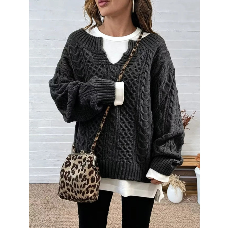 Full Size Cable Knit Dropped Shoulder Sweater Plus Apparel and Accessories