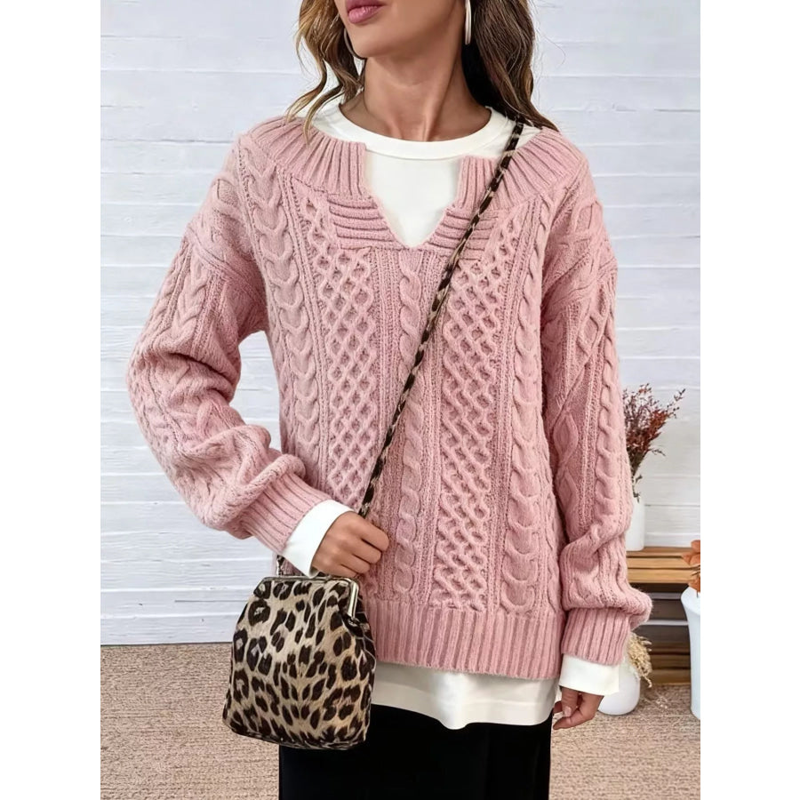 Full Size Cable Knit Dropped Shoulder Sweater Plus Apparel and Accessories