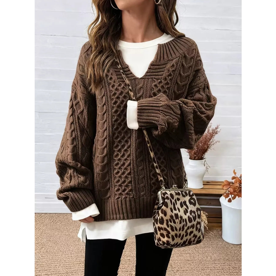 Full Size Cable Knit Dropped Shoulder Sweater Plus Brown / S Apparel and Accessories