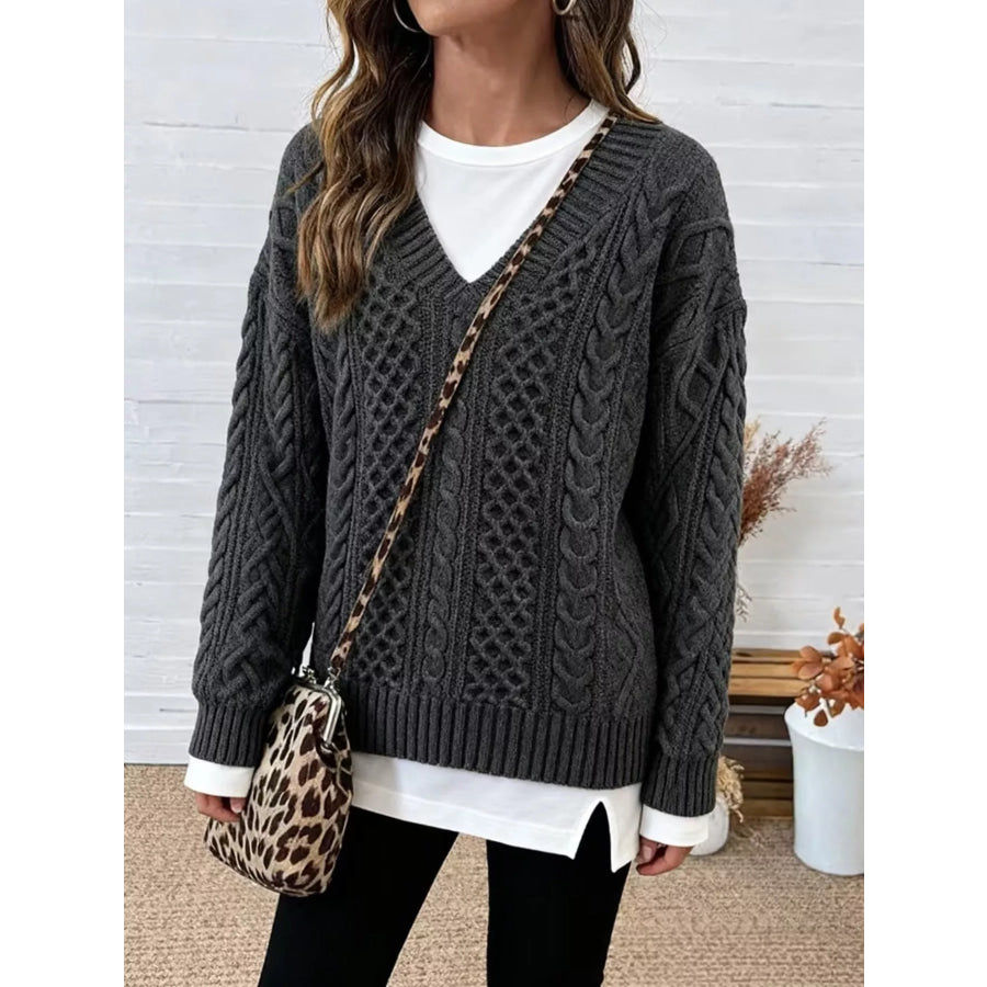Full Size Cable Knit Dropped Shoulder Sweater Plus Gray / S Apparel and Accessories
