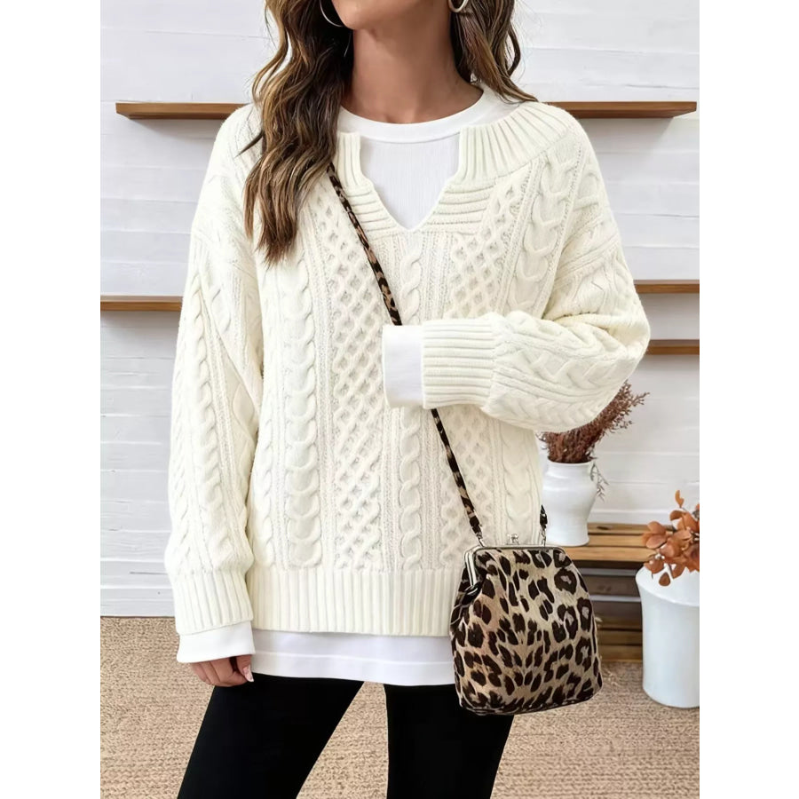 Full Size Cable Knit Dropped Shoulder Sweater Plus Off-white / S Apparel and Accessories