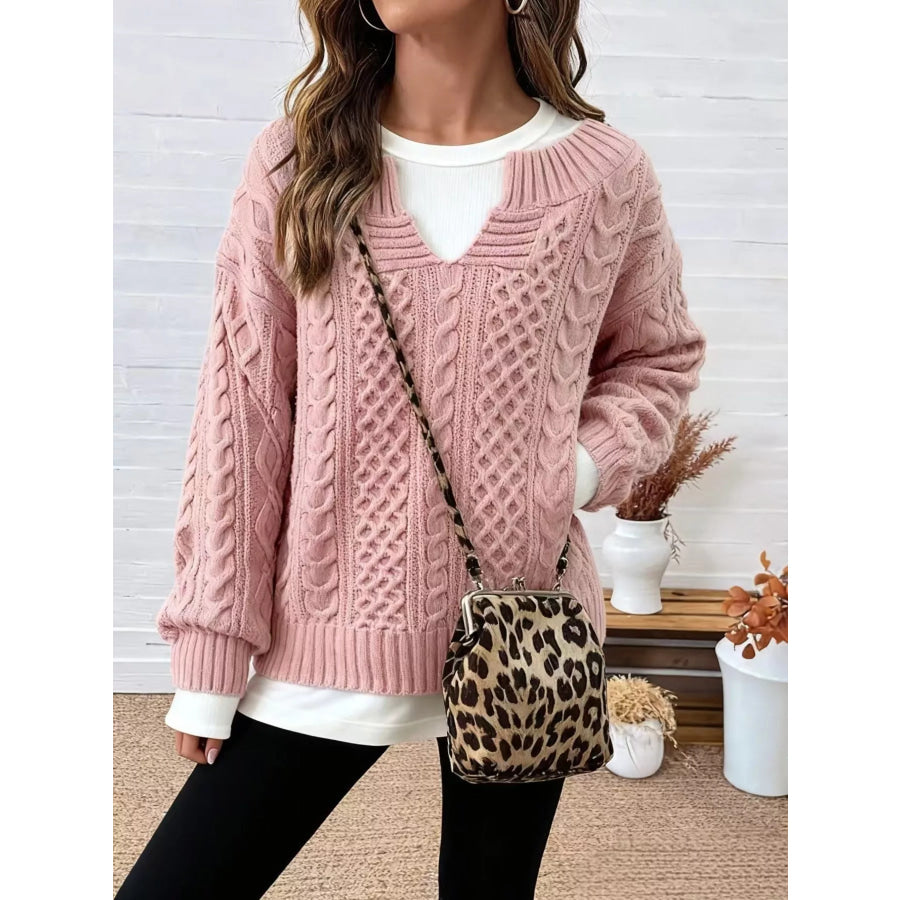 Full Size Cable Knit Dropped Shoulder Sweater Plus Pink / S Apparel and Accessories