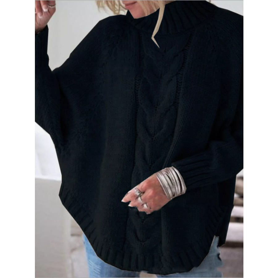 Full Size Cable-Knit Long Sleeve Sweater Plus Black / S Apparel and Accessories