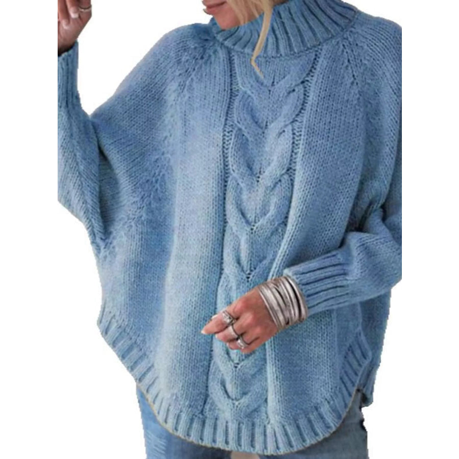 Full Size Cable-Knit Long Sleeve Sweater Plus Blue / S Apparel and Accessories
