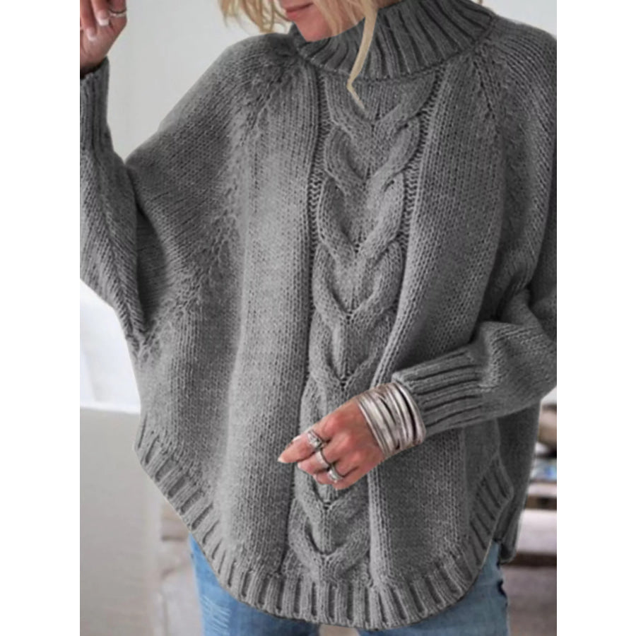 Full Size Cable-Knit Long Sleeve Sweater Plus Grey / S Apparel and Accessories