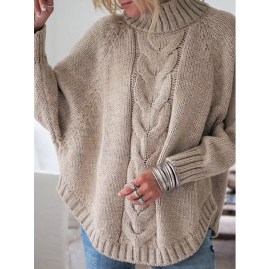 Full Size Cable-Knit Long Sleeve Sweater Plus Khaki / S Apparel and Accessories