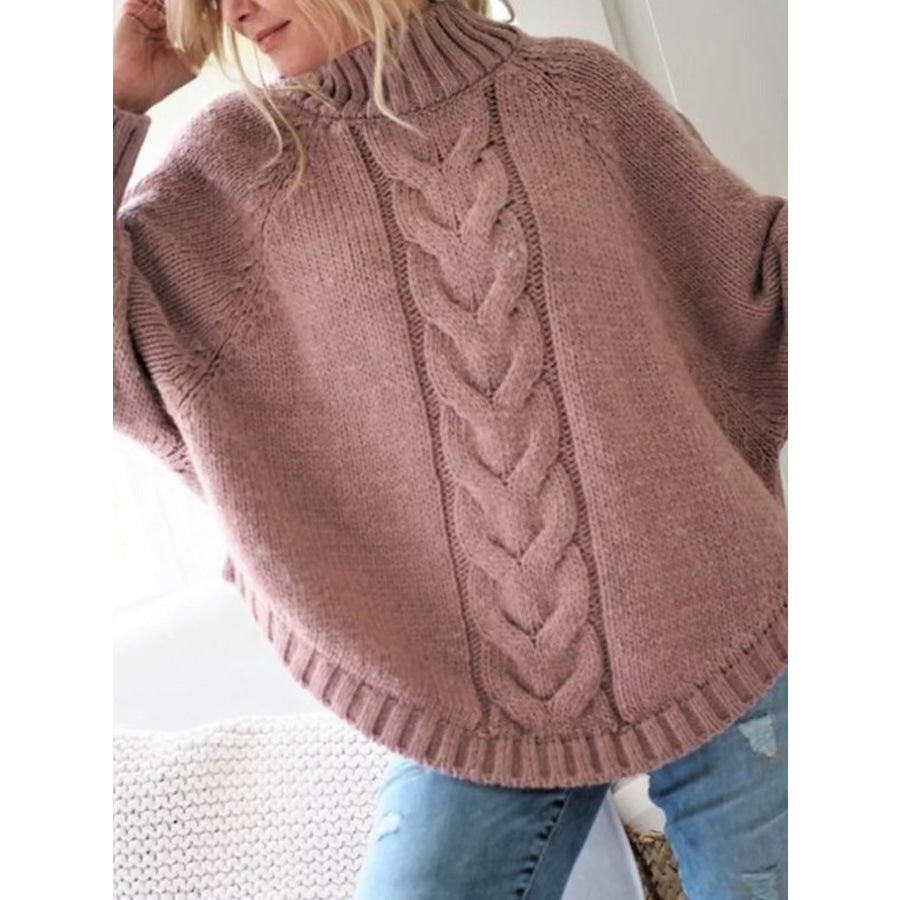 Full Size Cable-Knit Long Sleeve Sweater Plus Pink / S Apparel and Accessories