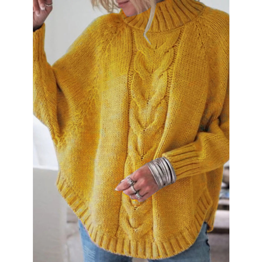 Full Size Cable-Knit Long Sleeve Sweater Plus Yellow / S Apparel and Accessories