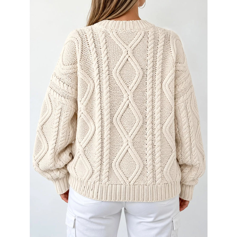 Full Size Cable-Knit Round Neck Sweater Plus Apparel and Accessories