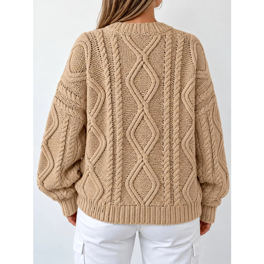 Full Size Cable-Knit Round Neck Sweater Plus Apparel and Accessories