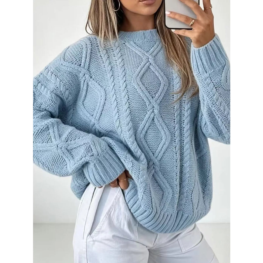 Full Size Cable-Knit Round Neck Sweater Plus Apparel and Accessories