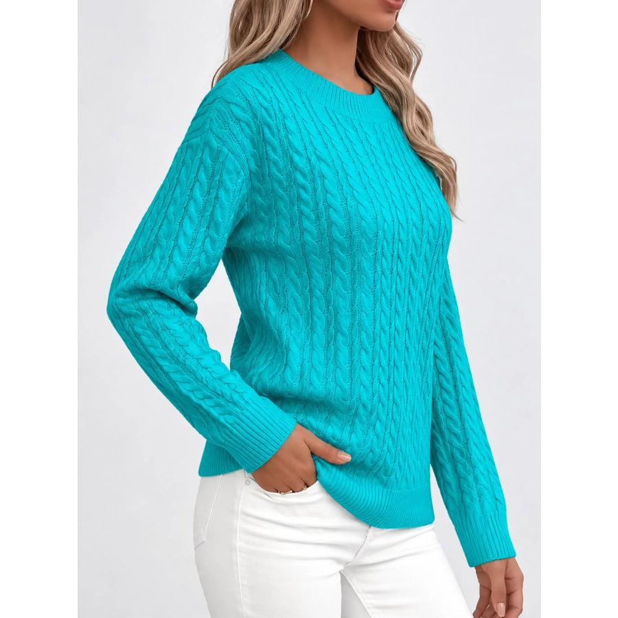 Full Size Cable Knit Round Neck Sweater Plus Apparel and Accessories