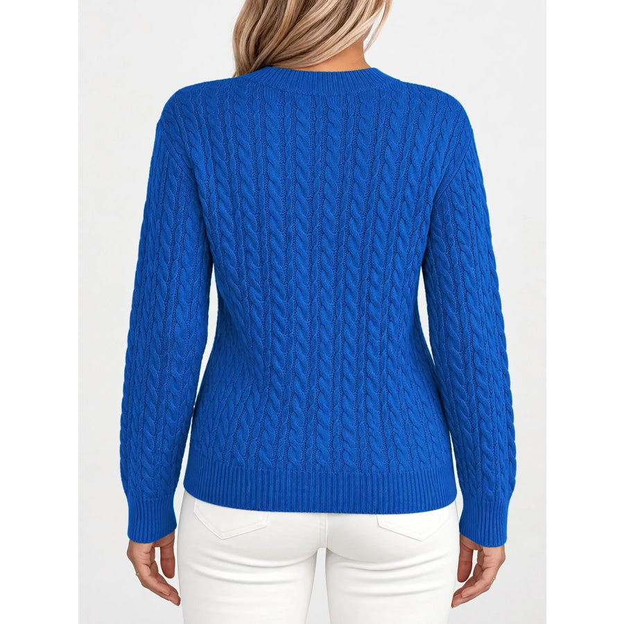 Full Size Cable Knit Round Neck Sweater Plus Apparel and Accessories