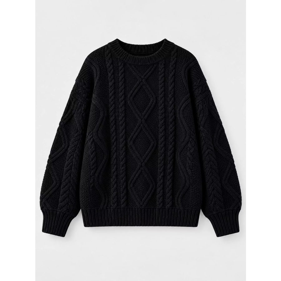 Full Size Cable-Knit Round Neck Sweater Plus Apparel and Accessories