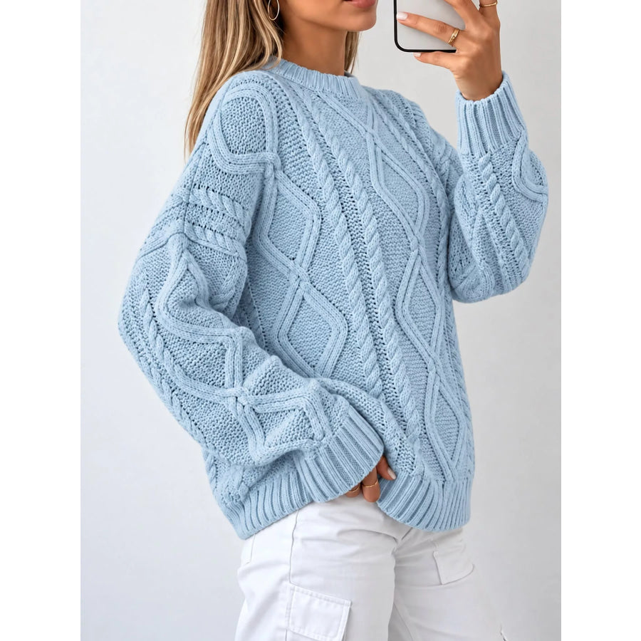 Full Size Cable-Knit Round Neck Sweater Plus Apparel and Accessories