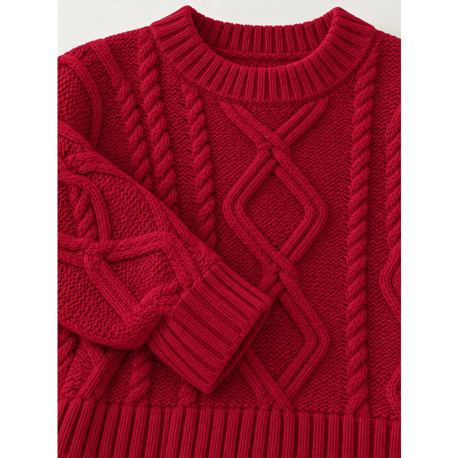 Full Size Cable-Knit Round Neck Sweater Plus Apparel and Accessories