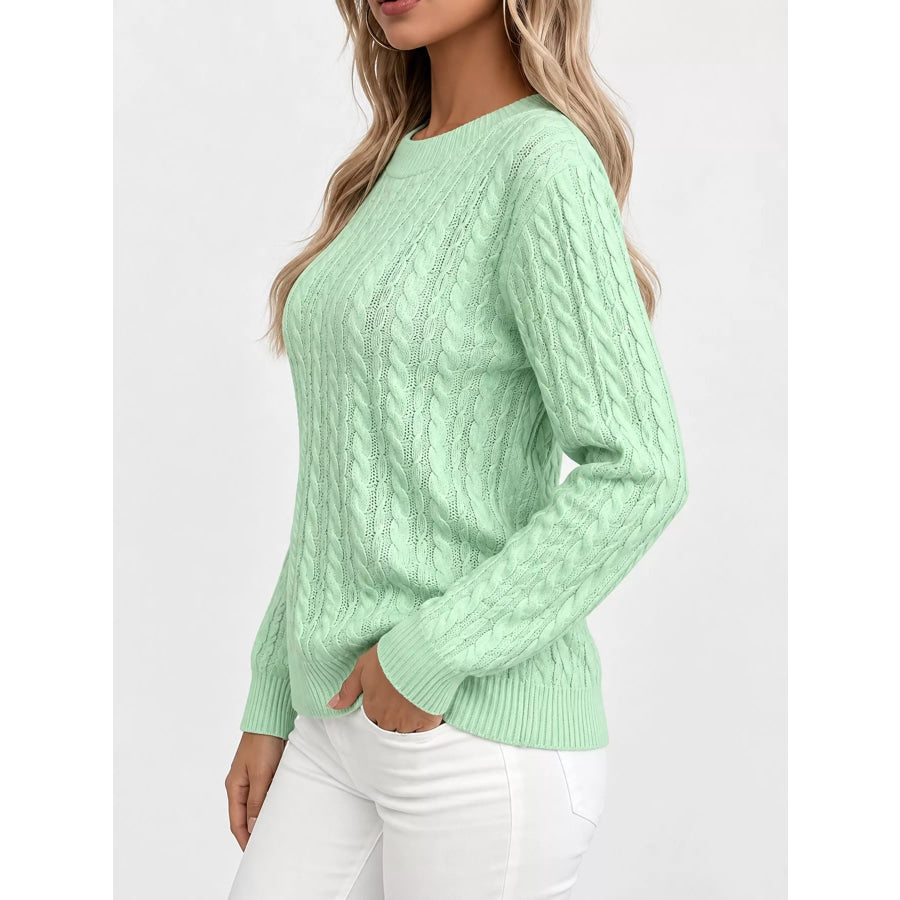 Full Size Cable Knit Round Neck Sweater Plus Apparel and Accessories