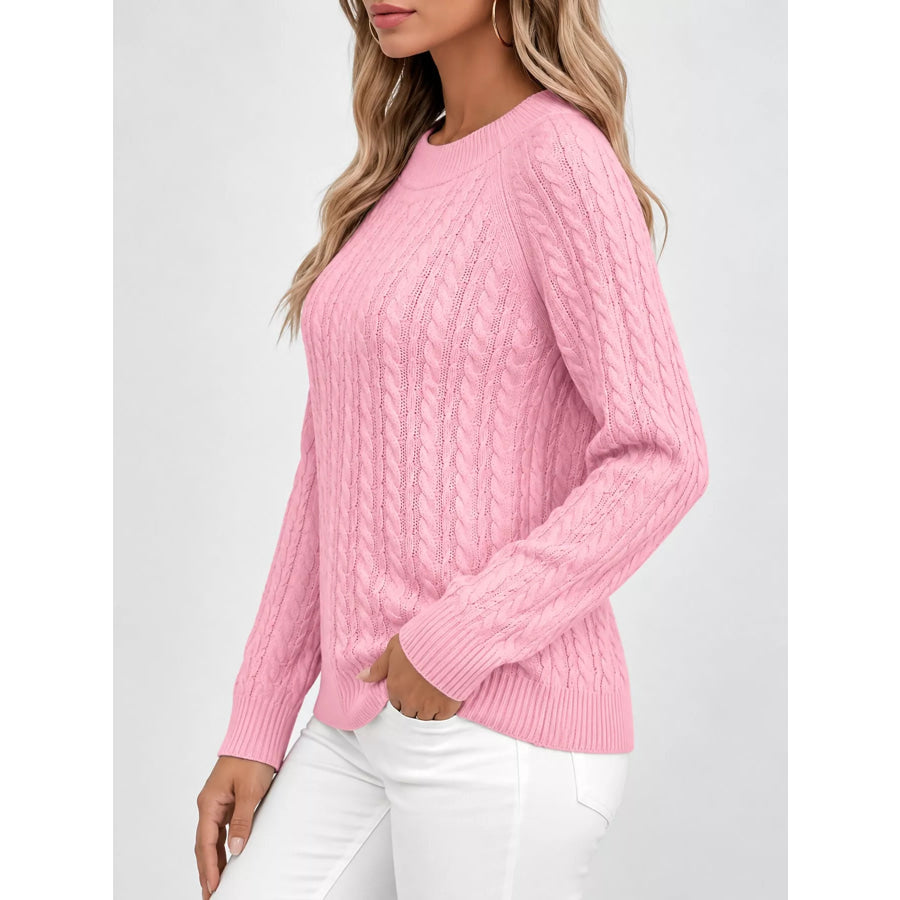 Full Size Cable Knit Round Neck Sweater Plus Apparel and Accessories