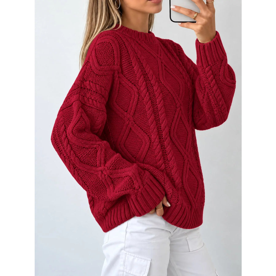 Full Size Cable-Knit Round Neck Sweater Plus Apparel and Accessories