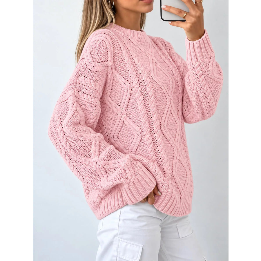 Full Size Cable-Knit Round Neck Sweater Plus Apparel and Accessories