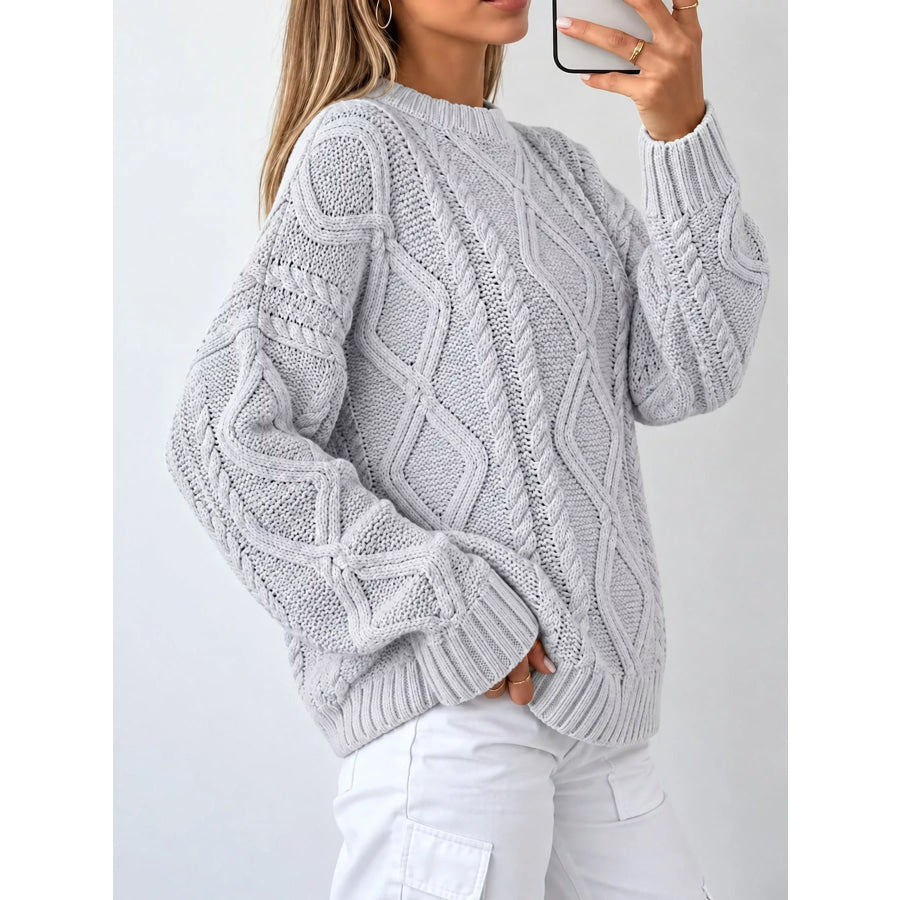 Full Size Cable-Knit Round Neck Sweater Plus Apparel and Accessories