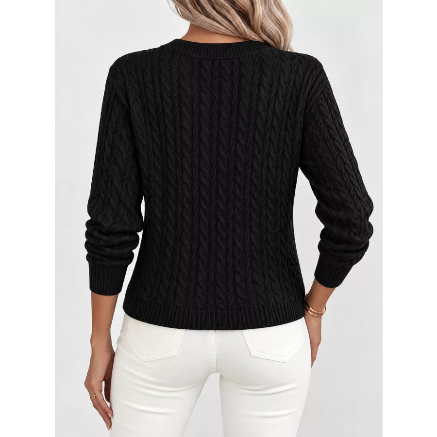 Full Size Cable Knit Round Neck Sweater Plus Apparel and Accessories