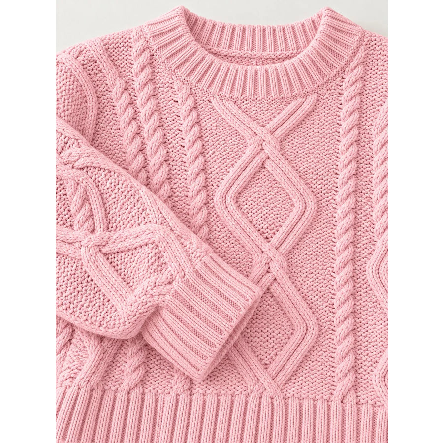 Full Size Cable-Knit Round Neck Sweater Plus Apparel and Accessories