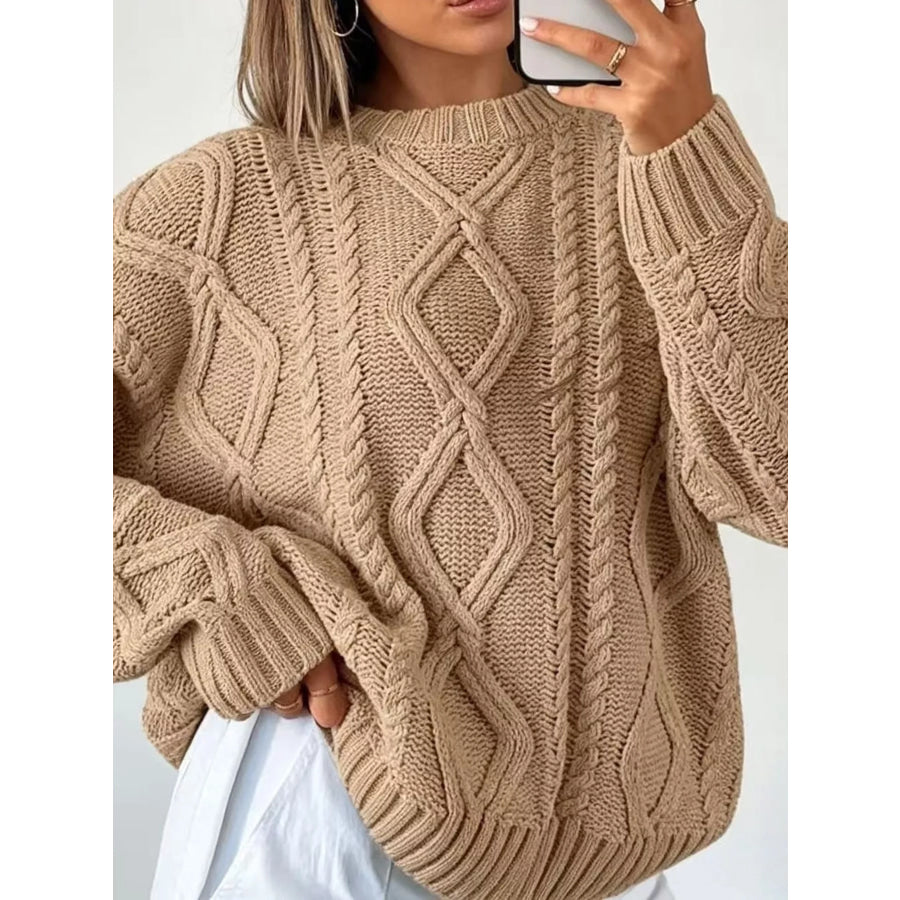 Full Size Cable-Knit Round Neck Sweater Plus Apparel and Accessories
