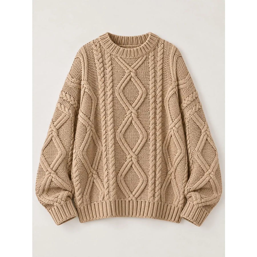 Full Size Cable-Knit Round Neck Sweater Plus Apparel and Accessories