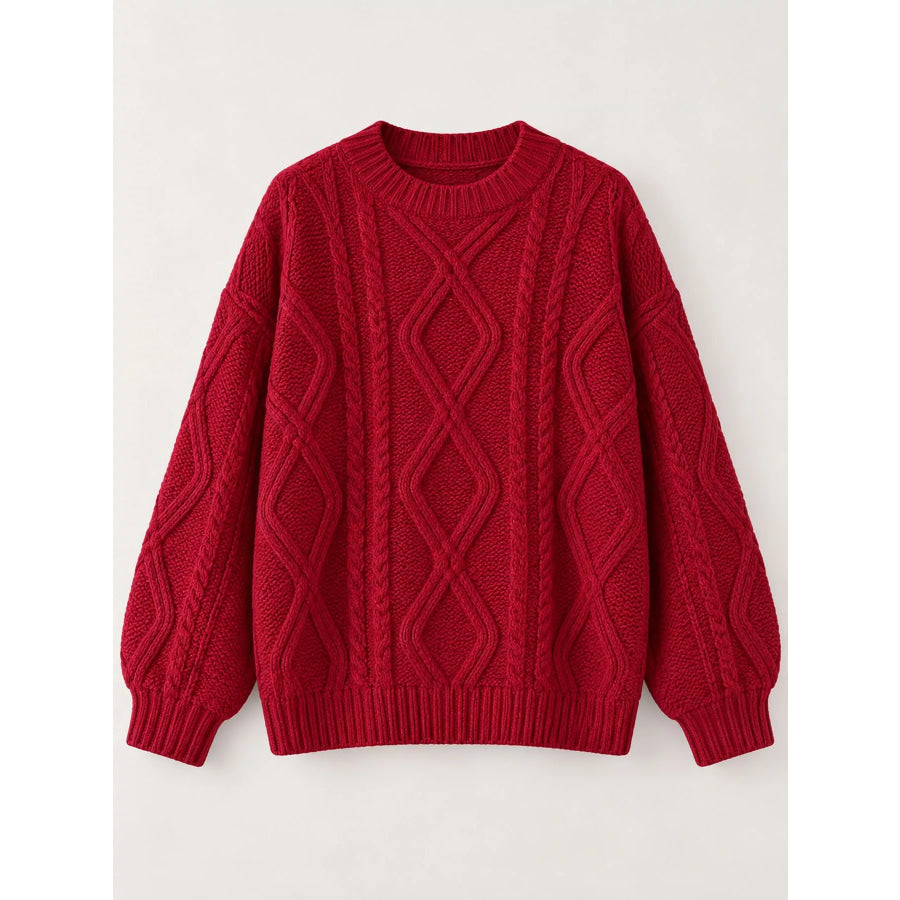 Full Size Cable-Knit Round Neck Sweater Plus Apparel and Accessories