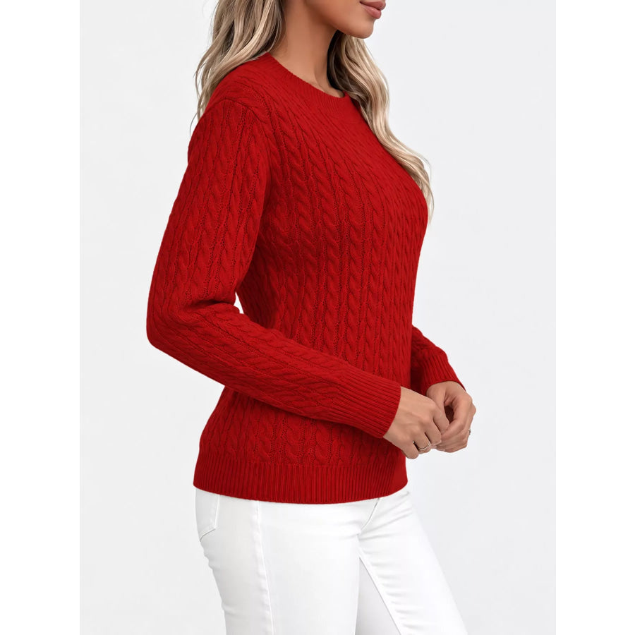 Full Size Cable Knit Round Neck Sweater Plus Apparel and Accessories