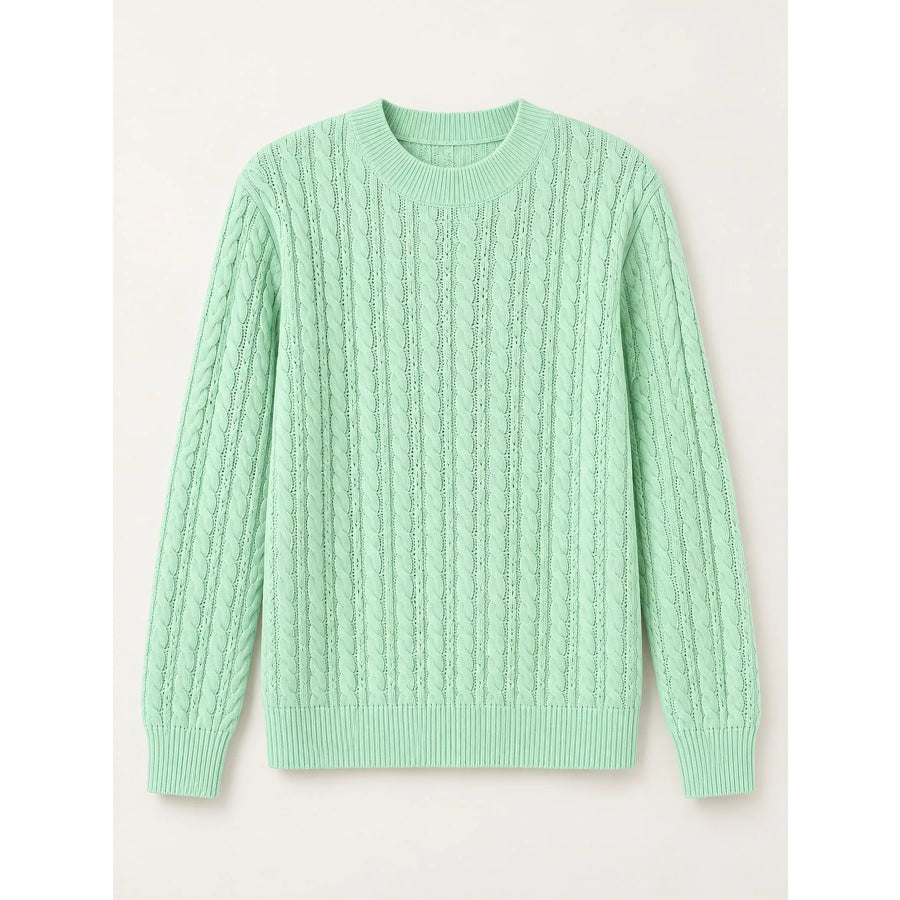 Full Size Cable Knit Round Neck Sweater Plus Apparel and Accessories