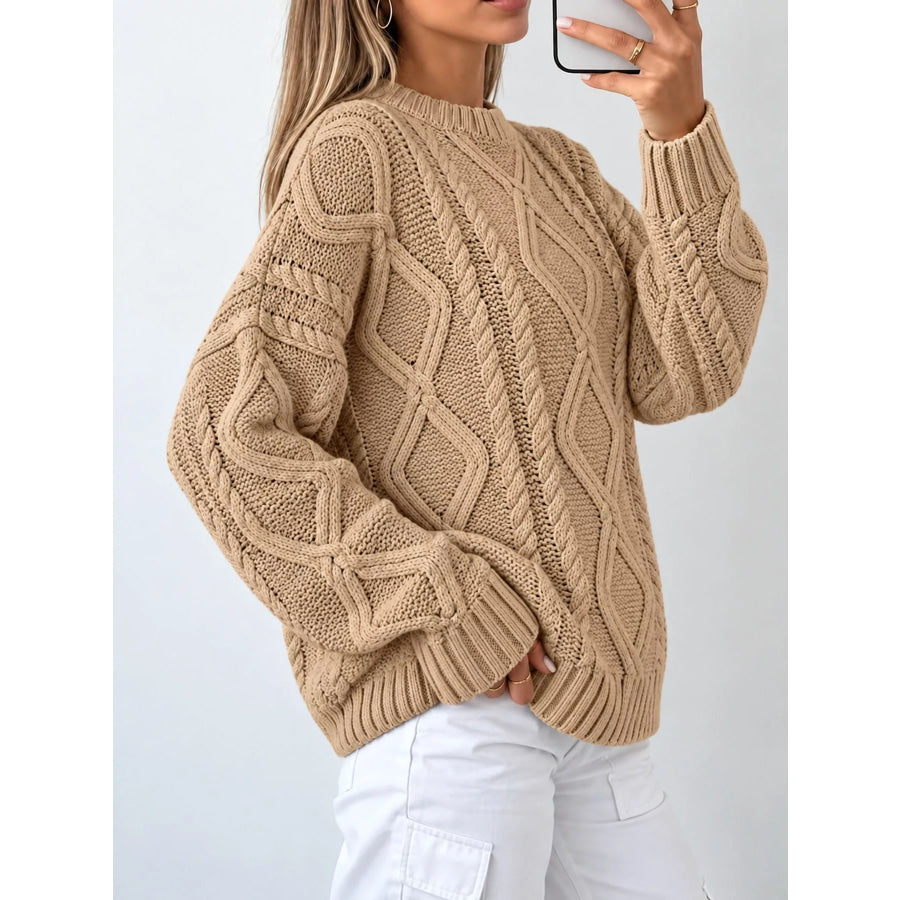 Full Size Cable-Knit Round Neck Sweater Plus Apparel and Accessories