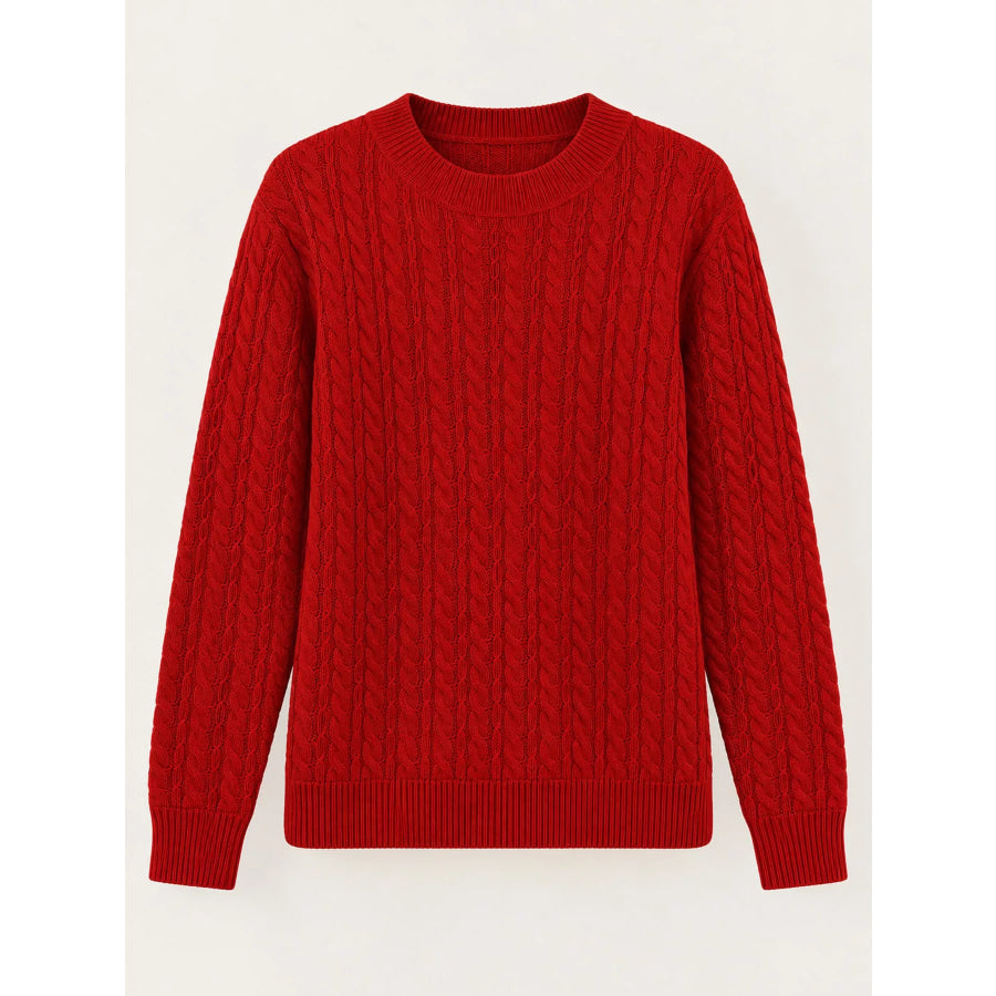 Full Size Cable Knit Round Neck Sweater Plus Apparel and Accessories