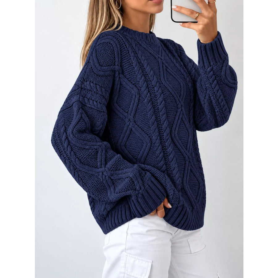 Full Size Cable-Knit Round Neck Sweater Plus Apparel and Accessories