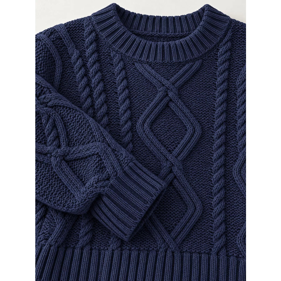 Full Size Cable-Knit Round Neck Sweater Plus Apparel and Accessories