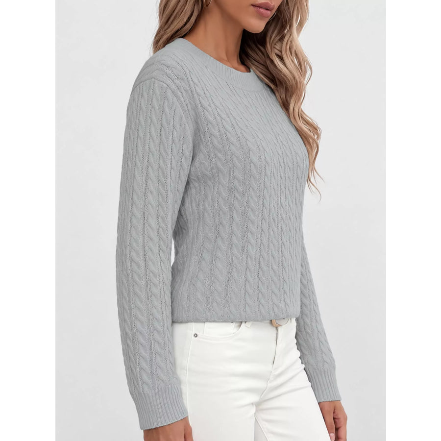Full Size Cable Knit Round Neck Sweater Plus Apparel and Accessories