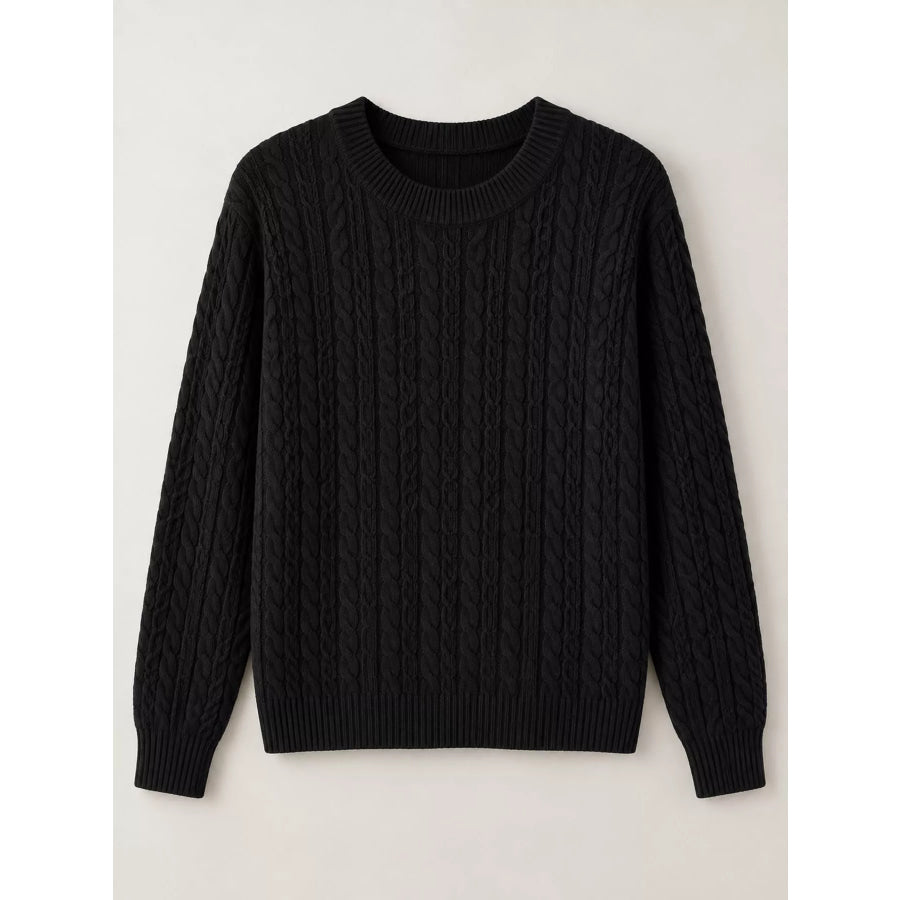 Full Size Cable Knit Round Neck Sweater Plus Apparel and Accessories