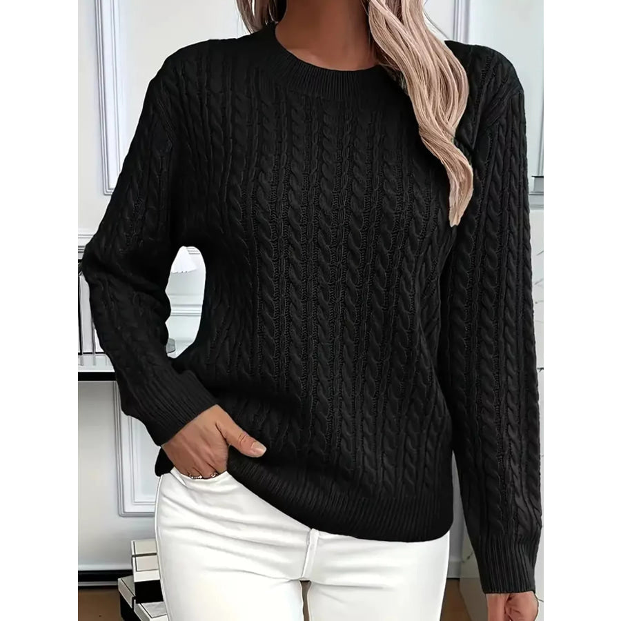 Full Size Cable Knit Round Neck Sweater Plus Apparel and Accessories