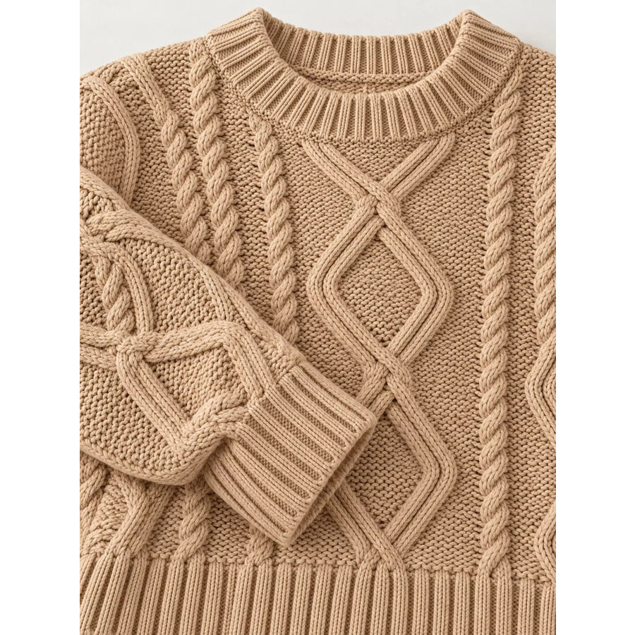Full Size Cable-Knit Round Neck Sweater Plus Apparel and Accessories