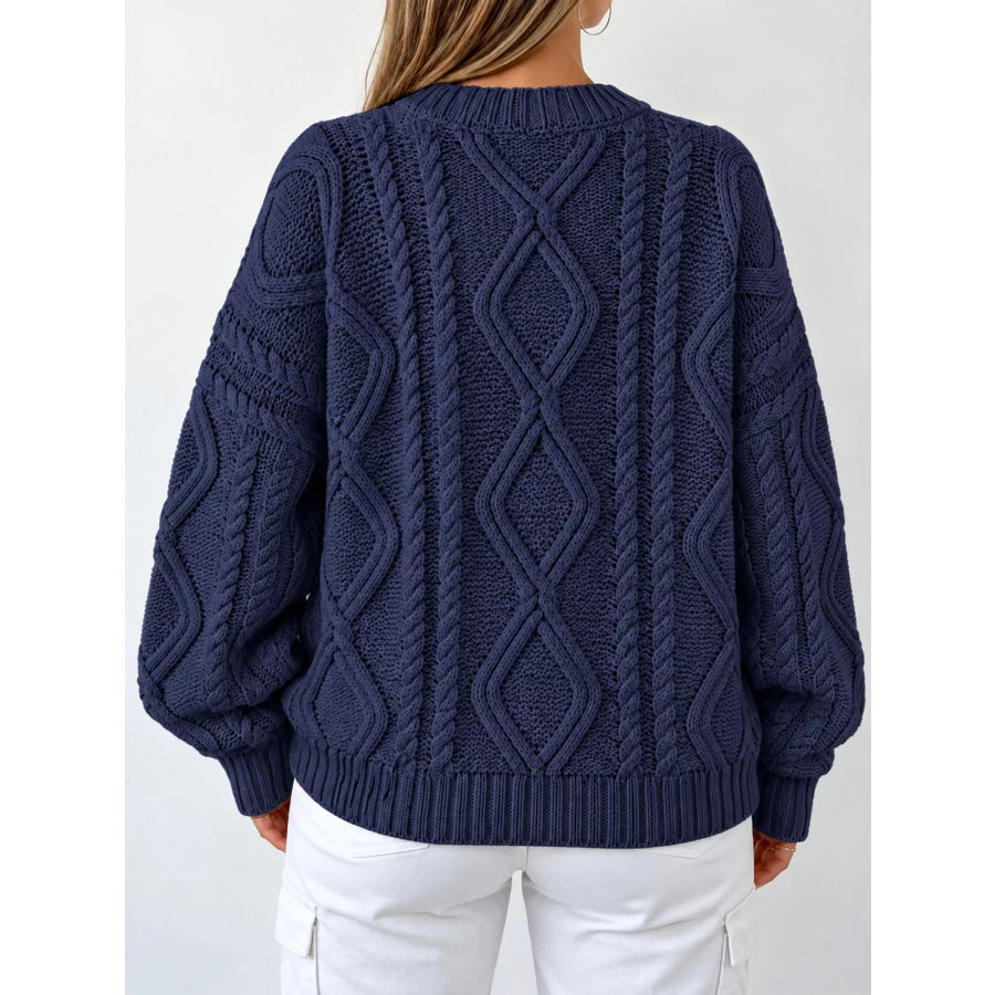 Full Size Cable-Knit Round Neck Sweater Plus Apparel and Accessories